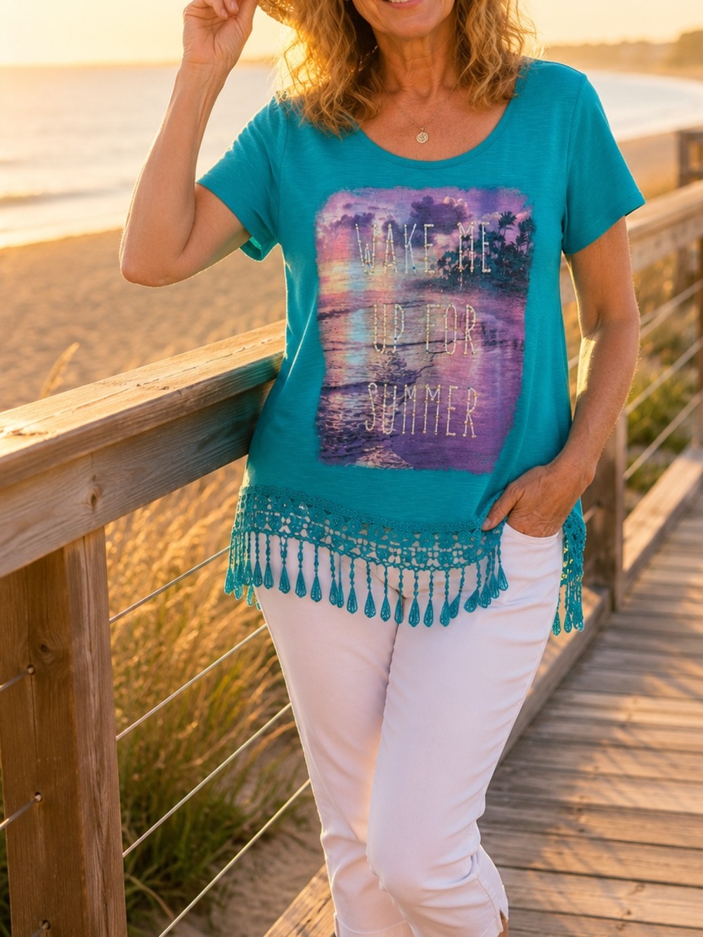 Style & Co Turquoise Boho Fringe Tee | XL | Beaded “Wake Me Up for Summer”